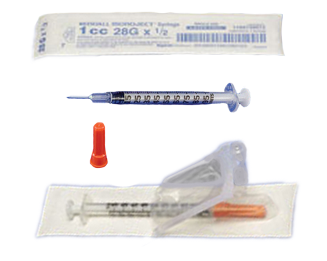 MONOJECT 1 mL Insulin Syringes w/Permanent Needle - 28, 29, 30 Gauge |  Vitality Medical