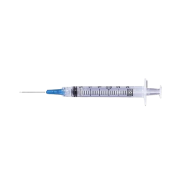 The Syringe with Long Needle and Medical Vial on Table. Black and